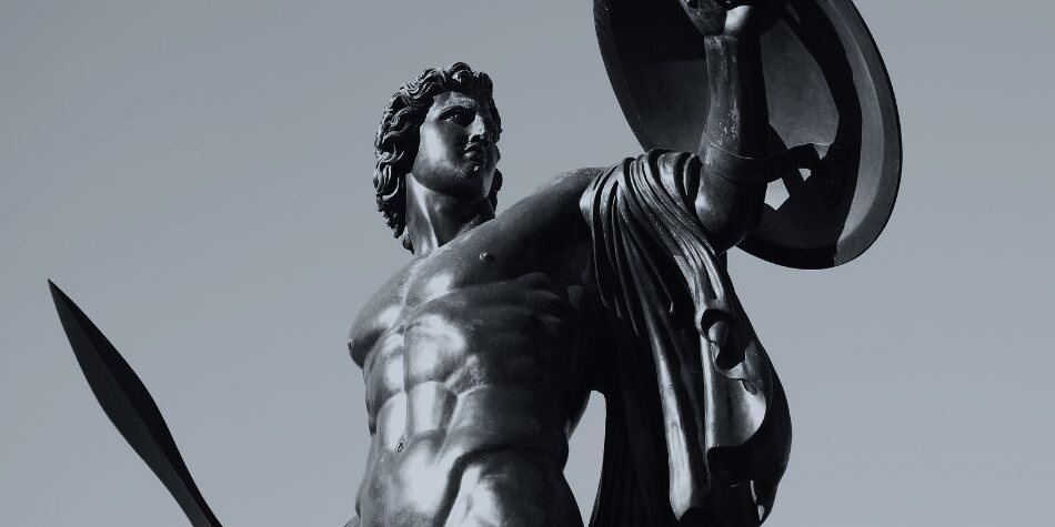Bronze statue of Achilles, spear in hand, shield raised.