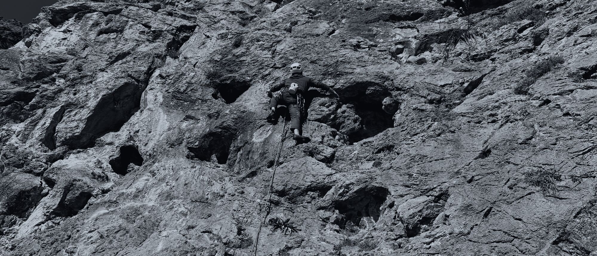 A climber high on a limestone wall, rope running down the rock.